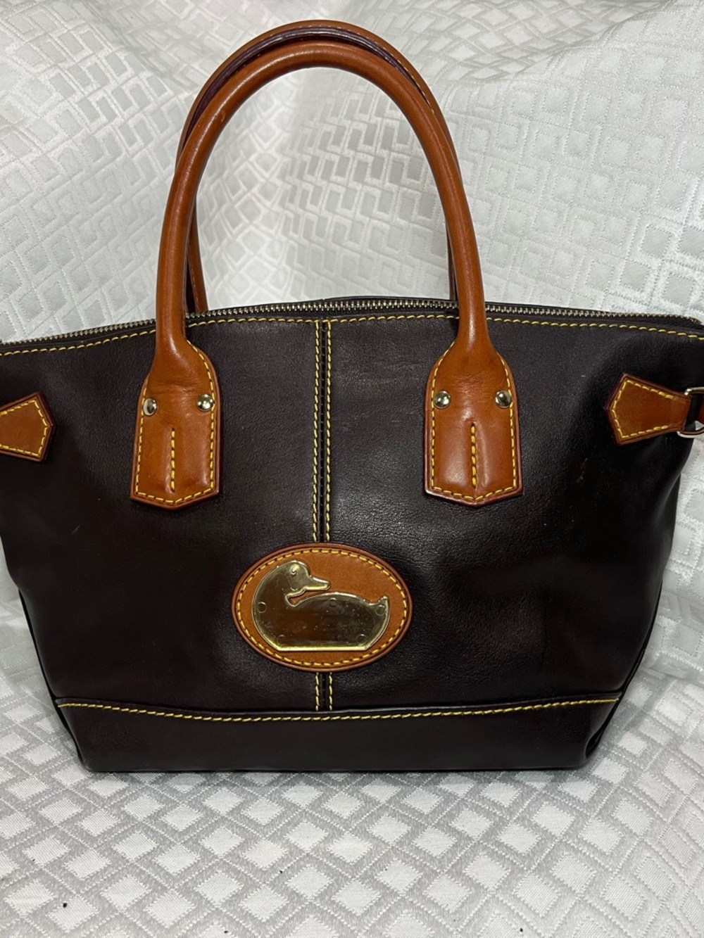 Dooney & Bourke Dark Brown Leather Satchel with Tan Handles